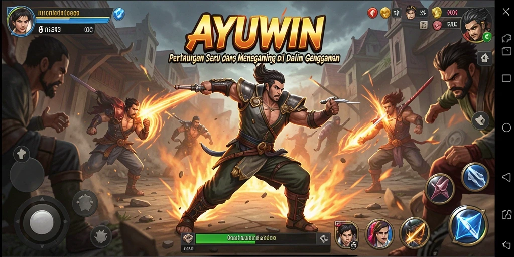 Tampilan gameplay AYUWIN dengan karakter bertarung di arena.