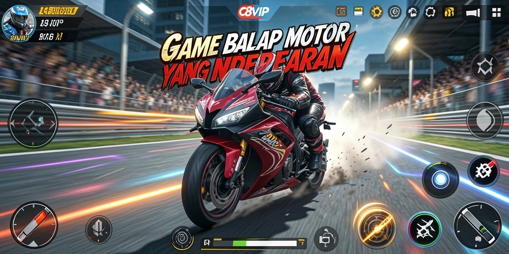 Screenshot utama C8VIP menampilkan adegan balapan motor yang mendebarkan.