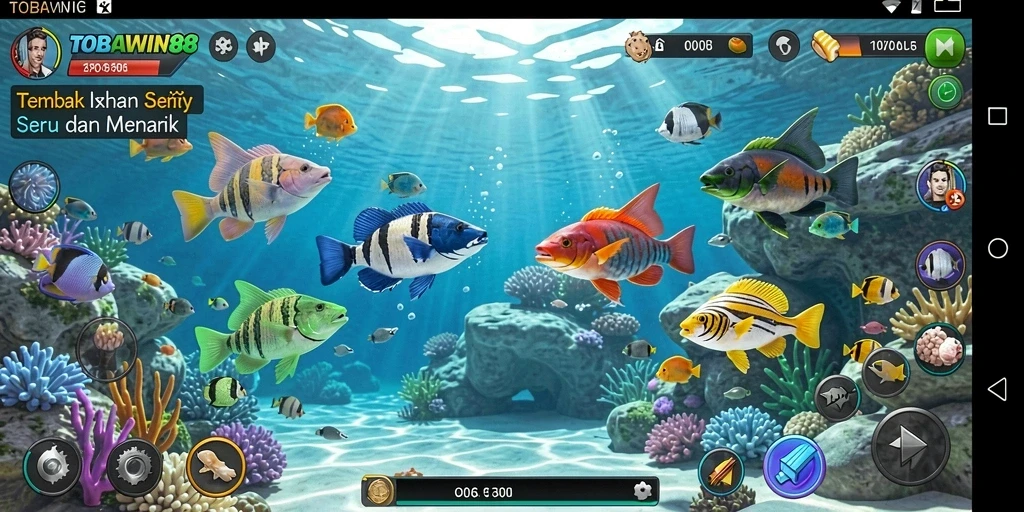 Gameplay seru dengan berbagai jenis ikan menunggu untuk ditembak.